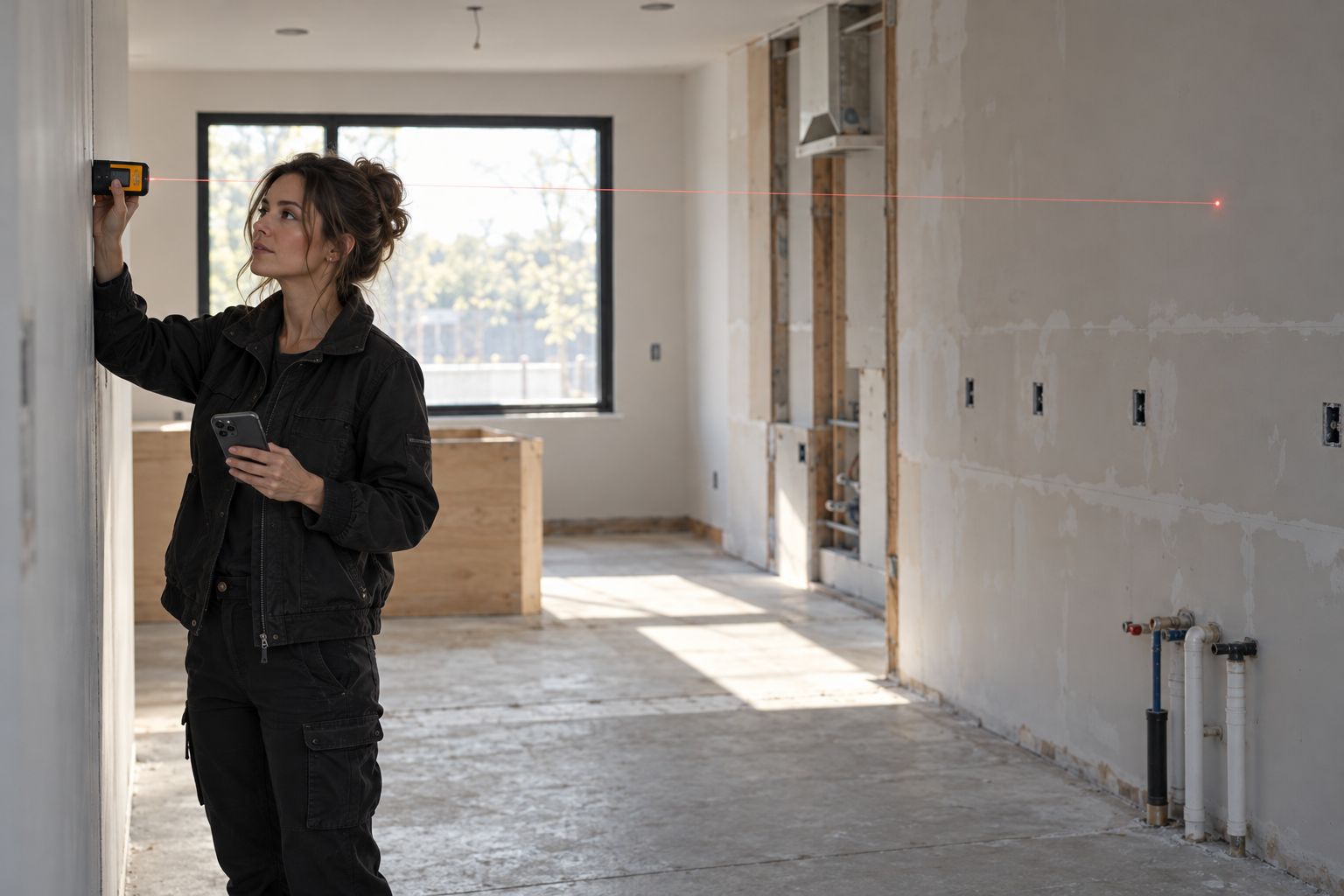 A kitchen designer confirms a wall length with a laser distance meter during a renovation