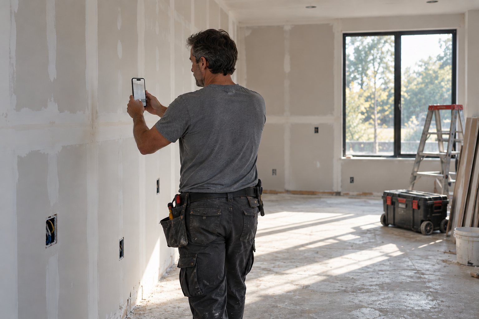A cabinet maker scans an unfinished room with an iPhone